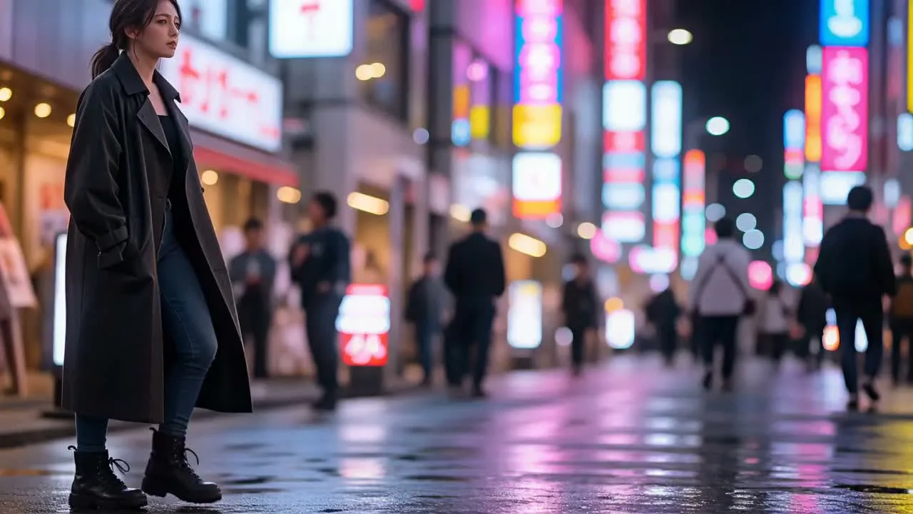 Sulphur 2 generated video of a young woman walking through neon-lit Tokyo streets