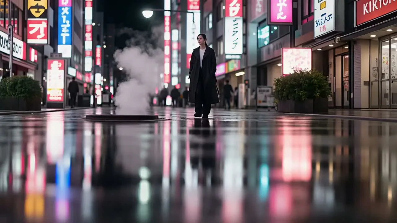 HappyHorse 1 generated video of a cinematic neon-lit Tokyo walking scene